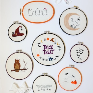 Spokane Hand Embroidery PDF Pattern, Halloween themed designs showcasing cat, owl, spiders, bats, ghosts, witches hat, and Halloween wreath