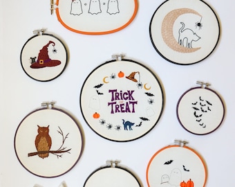 Spokane Hand Embroidery PDF Pattern, Halloween themed designs showcasing cat, owl, spiders, bats, ghosts, witches hat, and Halloween wreath