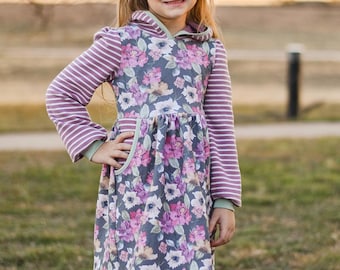 Marquette Dress PDF Sewing Pattern, including sizes 12 months - 14 years, Girls Dress Pattern, Knit Dress, Hood, Long Sleeve, Short Sleeve