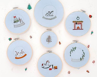 Snowdon Hand Embroidery PDF Pattern, including four snow globe bases, and various holiday themed motifs