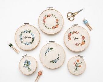 Daphne Hand Embroidery PDF Pattern, including  Floral Wreath, Floral Mason Jar Arrangement and Monogramming Font Designs, Beginner Friendly