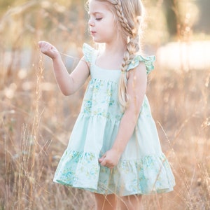 Pode incluir: Uma menina pequena com cabelo loiro trançado em uma trança lateral usa um vestido floral azul claro e branco com uma bainha com babados. Ela está em pé em um campo de grama alta.