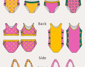 May include: Illustration of swimwear designs, including swimsuits and bikinis. The designs feature various styles with wide and narrow straps, and optional bows. Colors include yellow, pink, and green, with fruit patterns.