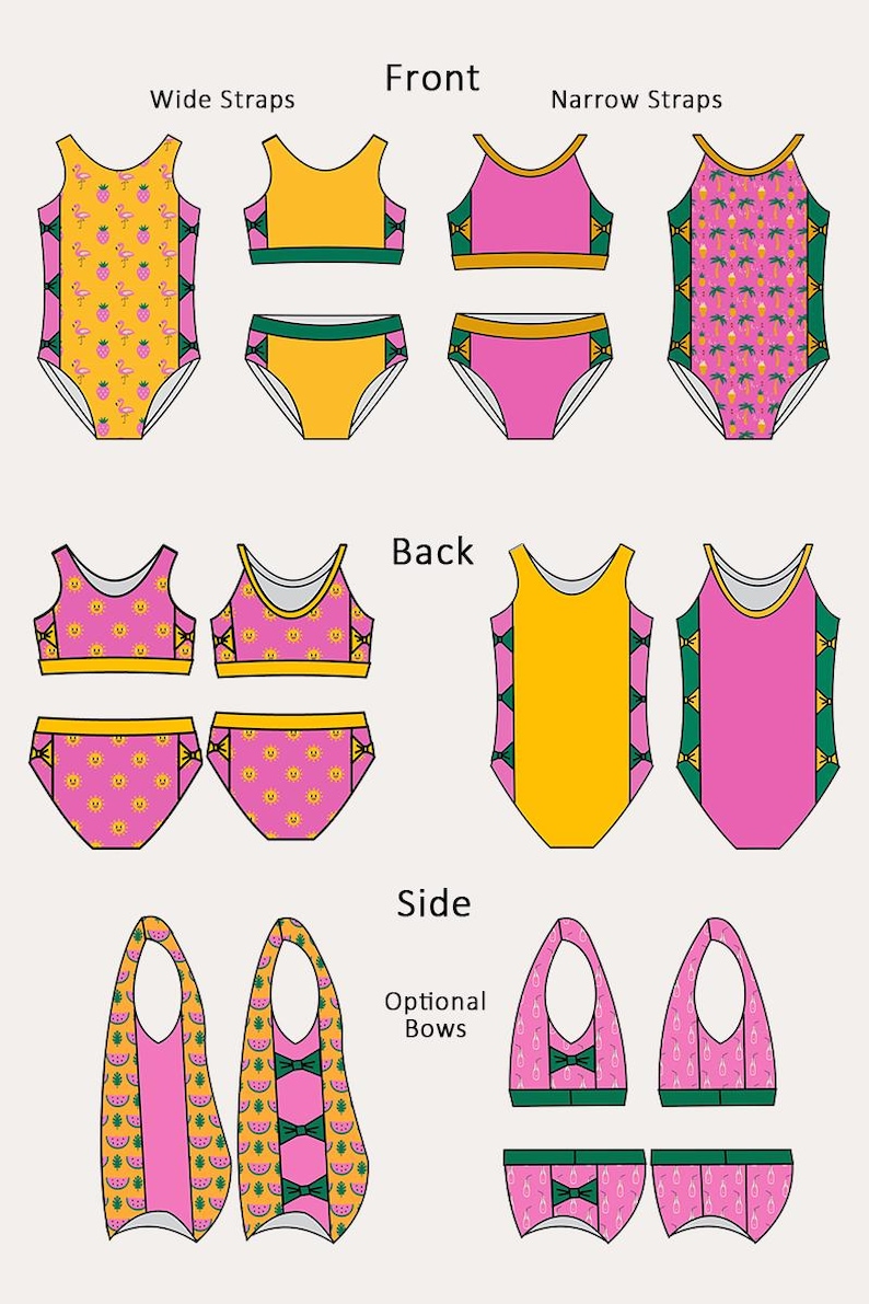May include: Illustration of swimwear designs, including swimsuits and bikinis. The designs feature various styles with wide and narrow straps, and optional bows. Colors include yellow, pink, and green, with fruit patterns.