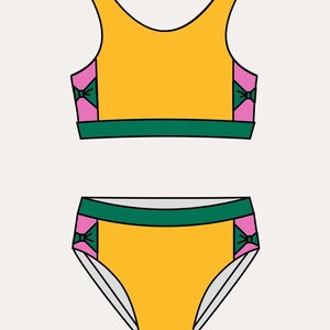 May include: A two-piece swimsuit set in a bright yellow color. The top has wide straps and pink accents with green bows on the sides. The bottoms are also yellow with matching green and pink bow details. The text "Front" and "Wide Straps" are visible.