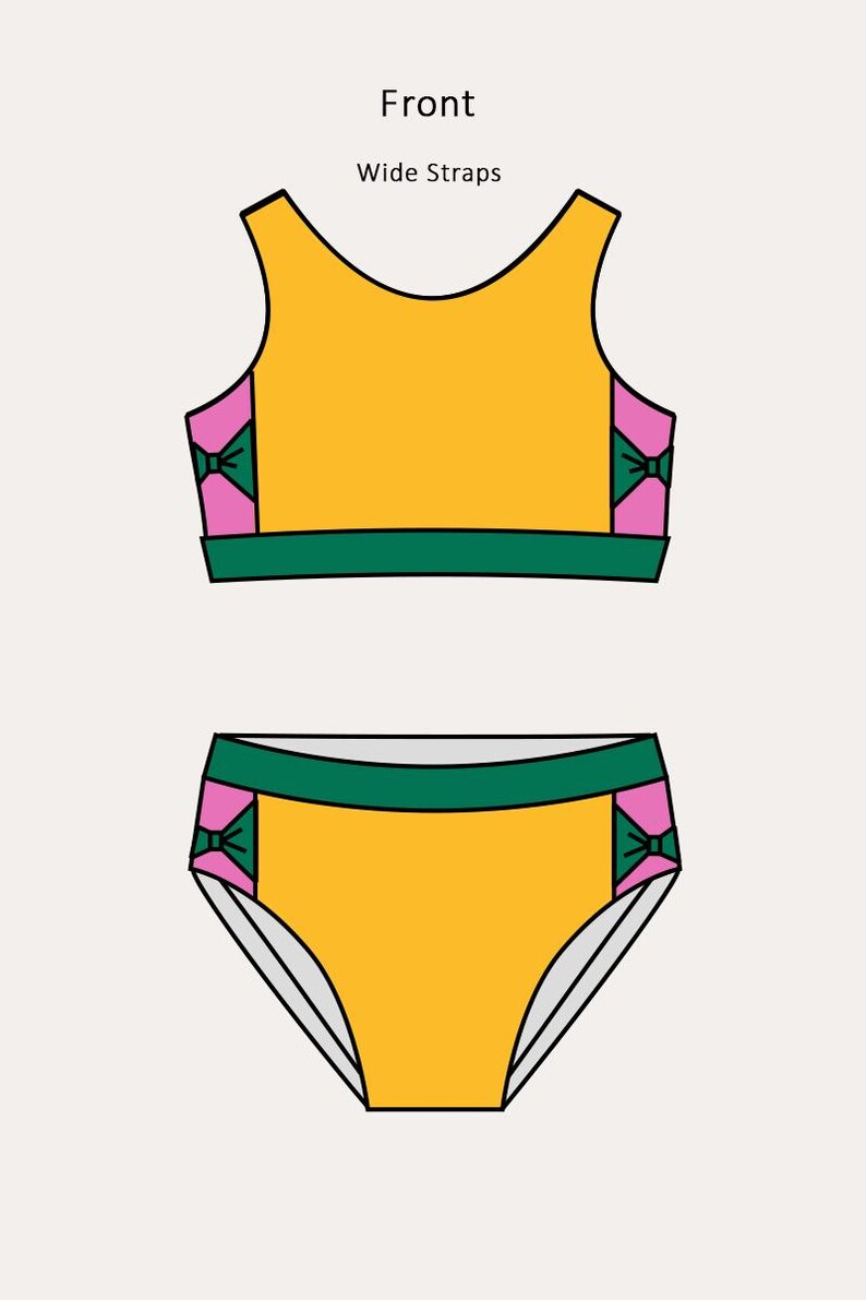 May include: A two-piece swimsuit set in a bright yellow color. The top has wide straps and pink accents with green bows on the sides. The bottoms are also yellow with matching green and pink bow details. The text "Front" and "Wide Straps" are visible.