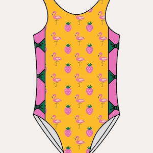 May include: A one-piece swimsuit with wide straps, featuring a yellow background with a pattern of pink flamingos and strawberries. The sides are pink with green bow accents. The word "Front" and "Wide Straps" are at the top.