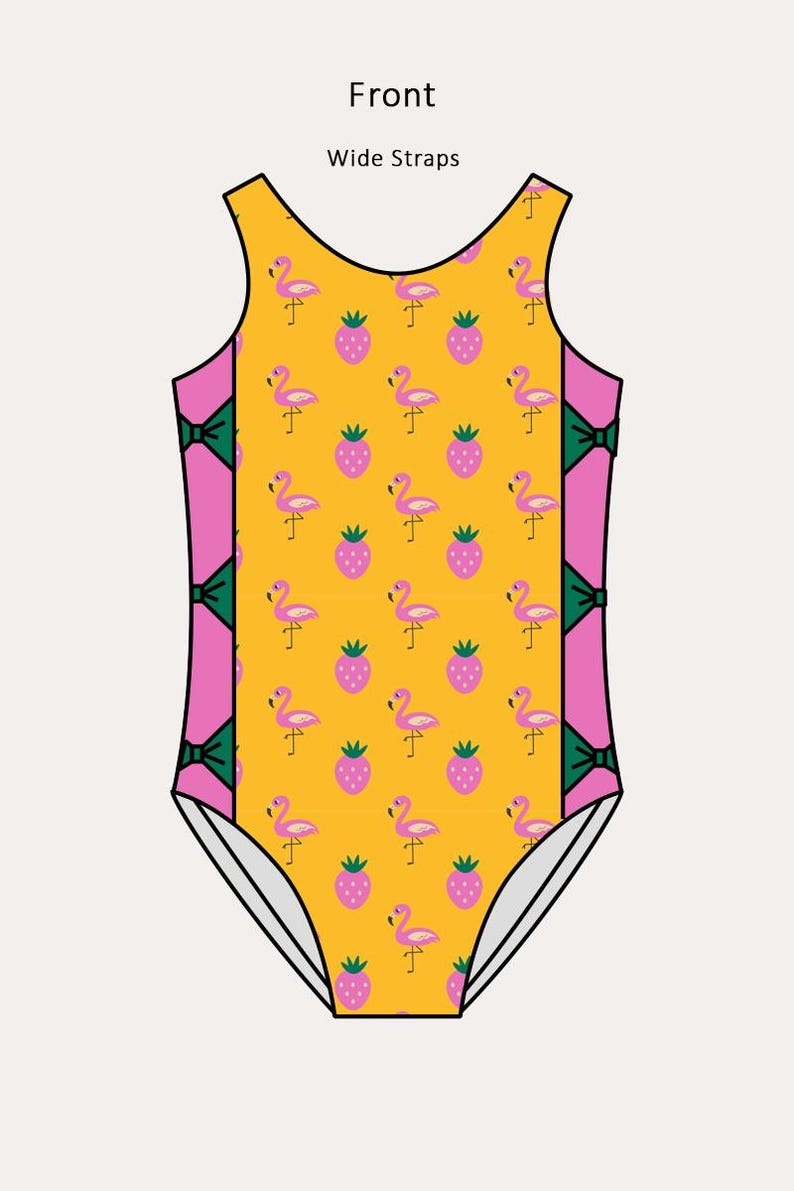 May include: A one-piece swimsuit with wide straps, featuring a yellow background with a pattern of pink flamingos and strawberries. The sides are pink with green bow accents. The word "Front" and "Wide Straps" are at the top.