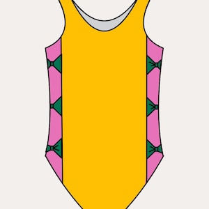 May include: A one-piece swimsuit with wide straps, featuring a bright yellow front and a pink side panel adorned with green bow accents. The back of the swimsuit is visible, with the text "Back" and "Wide Straps".