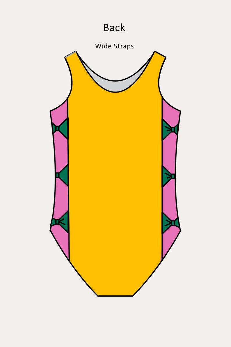 May include: A one-piece swimsuit with wide straps, featuring a bright yellow front and a pink side panel adorned with green bow accents. The back of the swimsuit is visible, with the text "Back" and "Wide Straps".