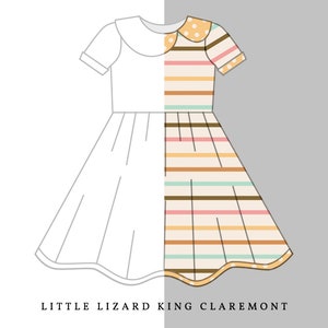 May include: A white dress with a Peter Pan collar and short sleeves. The right side of the dress is shown with a colourful striped pattern with polka dots on the collar. The text "LITTLE LIZARD KING CLAREMONT" is at the bottom of the image.
