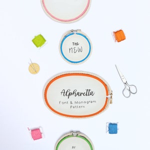 Alpharetta Hand Embroidery PDF Pattern, featuring Script Font, Sans Serif Font, Script Monogram Font and Serif Monogram Font