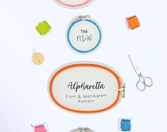 Alpharetta Hand Embroidery PDF Pattern, featuring Script Font, Sans Serif Font, Script Monogram Font and Serif Monogram Font