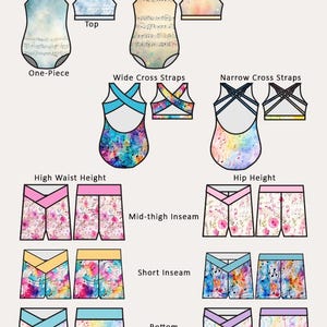 May include: Diagram of swimwear options, including one-piece suits, tops, and bottoms. Styles include scoop neck, high neck, wide and narrow cross straps, high waist, mid-thigh inseam, short inseam, and hip height. Designs feature musical notes and watercolor patterns.