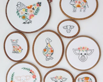 Farmington Hand Embroidery PDF Pattern featuring farm animals with floral motifs, Farm Animals Embroidery