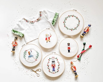 Dresden Hand Embroidery PDF Pattern, including Nutcracker and holiday themed design options, Beginner Friendly Hand Embroidery Pattern