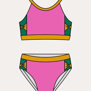 May include: Pink two-piece swimsuit with gold and green accents. The top has narrow straps and a high neckline. The bottoms are a classic cut. The text "Front" and "Narrow Straps" are visible.