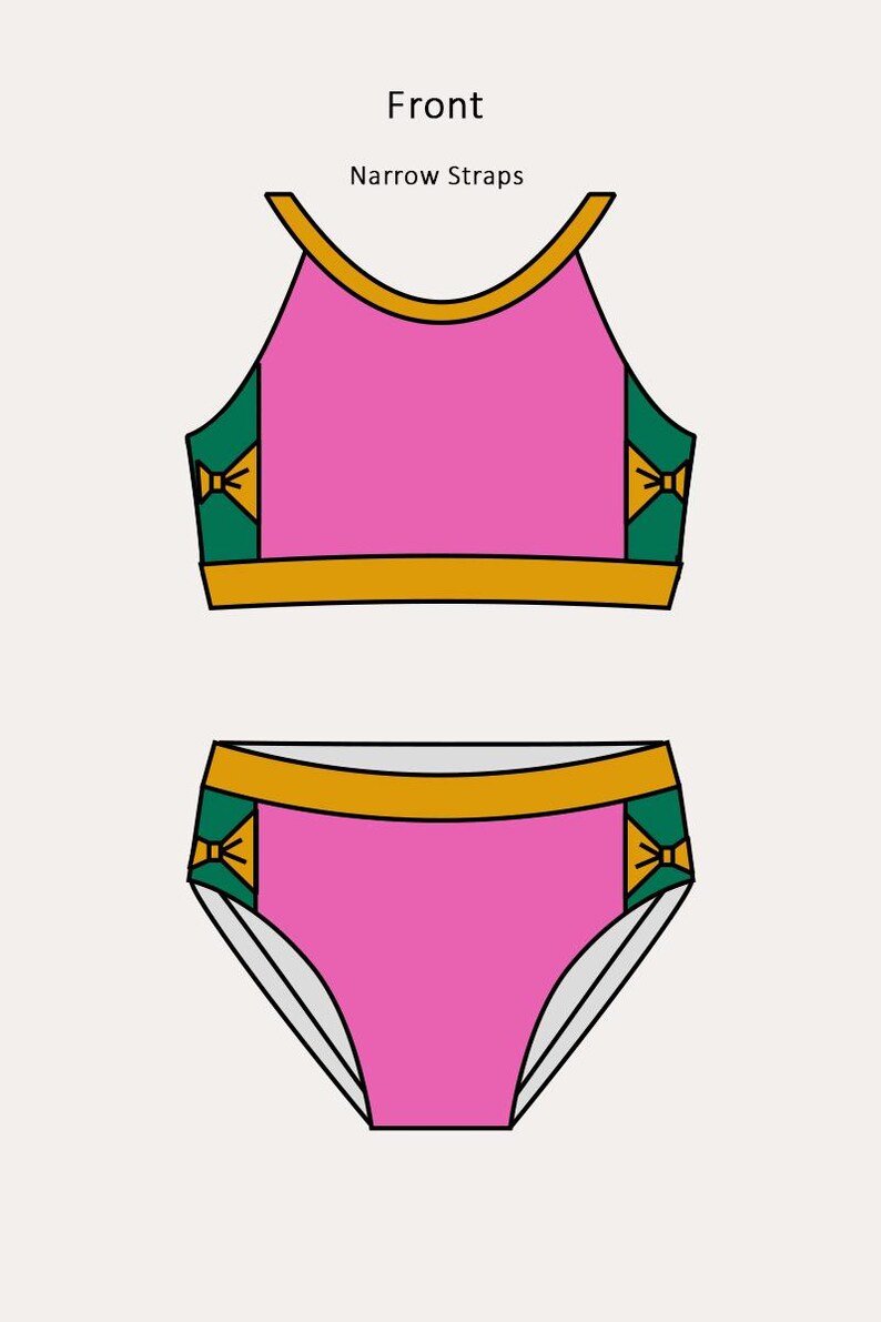 May include: Pink two-piece swimsuit with gold and green accents. The top has narrow straps and a high neckline. The bottoms are a classic cut. The text "Front" and "Narrow Straps" are visible.