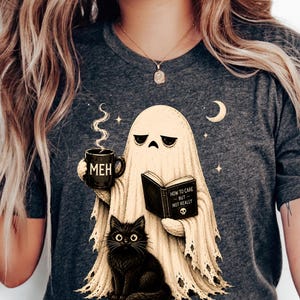 Ghost Cat DTF Transfer, Grumpy MEH Halloween Heat Dtf Press, Spooky Coffee Lover Graphic Tee, Ghost and Black Cat Design