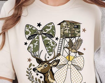 Deer Hunting DTF Print, Retro Hunting Girl DTF Transfer, Camo Deer Bow Hunter Ready Press, Coquette Camo Bow Tee, Iron-on