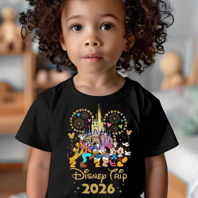 May include: Black t-shirt featuring a colorful graphic of Disney characters in front of a castle with fireworks. The text "Disney Trip 2026" is printed in gold. The shirt is worn by a young child.