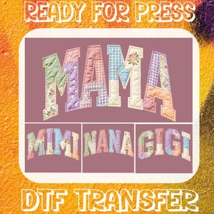 Transfert DTF imitation patchwork Mama, graphique chemise fleurie grand-mère