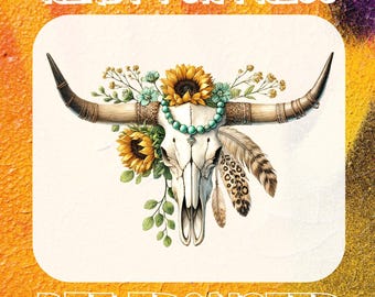 Boho Floral Cow Skull DTF Transfer, Ready To Press Sunflower T-Shirt Design