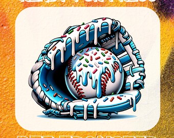 May include: A baseball glove and ball design with a unique twist. The baseball is decorated with sprinkles and white icing, and the glove is blue with white icing accents. The words "READY FOR PRESS" and "DTF TRANSFER" are displayed.