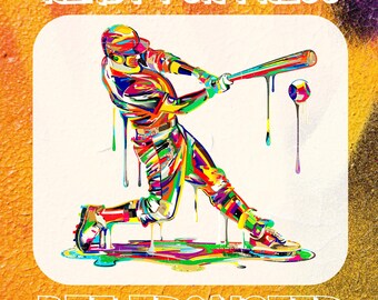 May include: A vibrant illustration of a baseball player in action, rendered with a dripping paint effect. The image features the text "READY FOR PRESS" and "DTF TRANSFER". The design includes a baseball bat and ball.