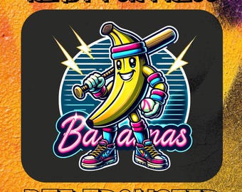 May include: A cartoon banana wearing a baseball cap and holding a bat, with the word "Bananas" in neon pink letters. The image has a retro 80s vibe and says "Ready for Press" and "DTG Transfer" at the top and bottom.