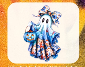May include: A whimsical illustration of a ghost holding a jack-o'-lantern. The ghost is adorned with a floral bow and patchwork details in shades of blue, orange, and white. The text "READY FOR PRESS" and "DTF TRANSFER" are displayed.
