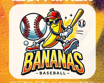 May include: A DTF transfer design featuring a cartoon banana wearing sunglasses and a baseball cap, holding a bat. The design includes a baseball and the text "BANANAS BASEBALL". The words "READY FOR PRESS" and "DTF TRANSFER" are also present.
