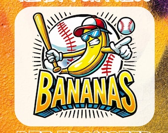 Banana Baseball Cartoon DTF, Funny Banana Baseball DTF Transfer, Ready to Press Mascot Design, Sports Team Print