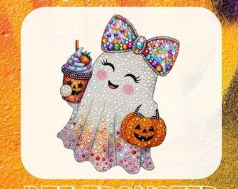 Cute Halloween Ghost Ready To Press DTF, Rhinestone Faux Glitter Ghost DTF Print, Retro Spooky Ghost DTF Transfer
