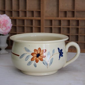 ディゴワン・サルグミンヌ ナイトベース 手描きの花柄装飾付き、ヴィンテージ フランス製陶器製おまる、素朴な植木鉢