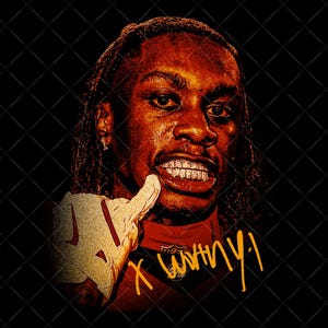 May include: Digital art portrait of a person with a red and orange color scheme. The person is wearing a glove and has a gold grill. The text "X WHY?!" is written in yellow.