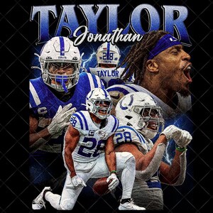 May include: A graphic featuring multiple images of a football player in a Colts uniform. The name "TAYLOR" is displayed in large, blue, stylized text at the top, with "Jonathan" below. The background is black with blue lightning effects.