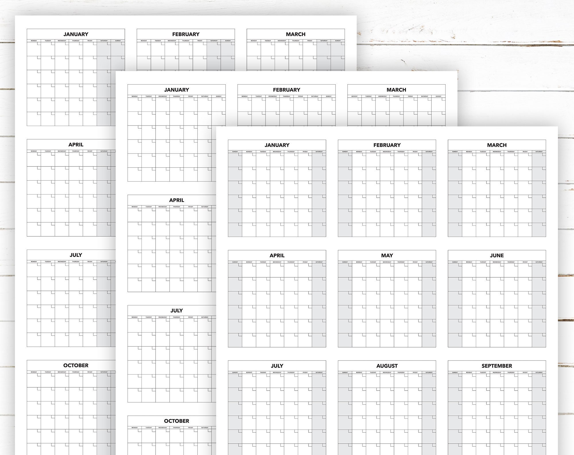Blank Yearly Calendar Template Printables Set - Multiple Variations ...