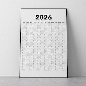 Könnte beinhalten: Ein schwarz-weißer druckbarer Kalender für das Jahr 2026. Der Kalender ist in einem einfachen, minimalistischen Stil gehalten, wobei jeder Monat in einer Spalte aufgeführt ist.