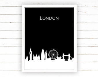 London Skyline Modern Art Printable Poster Black Minimalist Print