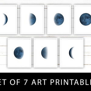 Dark Navy Blue Moon Phase Printable Wall Art Set of 7 Prints Celestial Lunar Art Printables image 1