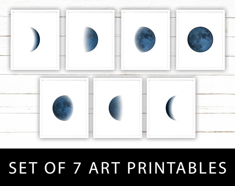 Dark Navy Blue Moon Phase Printable Wall Art Set of 7 Prints Celestial Lunar Art Printables image 1