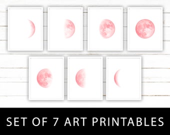 Pink Moon Phase Art Printables | Set of 7 Moon Phases Wall Art | Instant Download of Lunar Phases