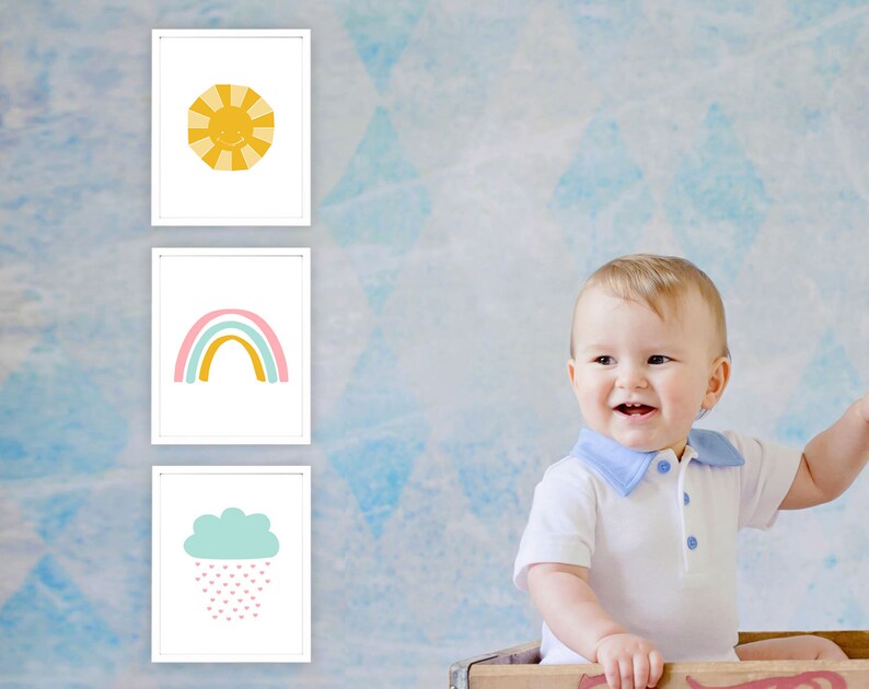 Nursery Wall Decor Set of 3 Prints With Sun Rainbow and Clouds Etsy