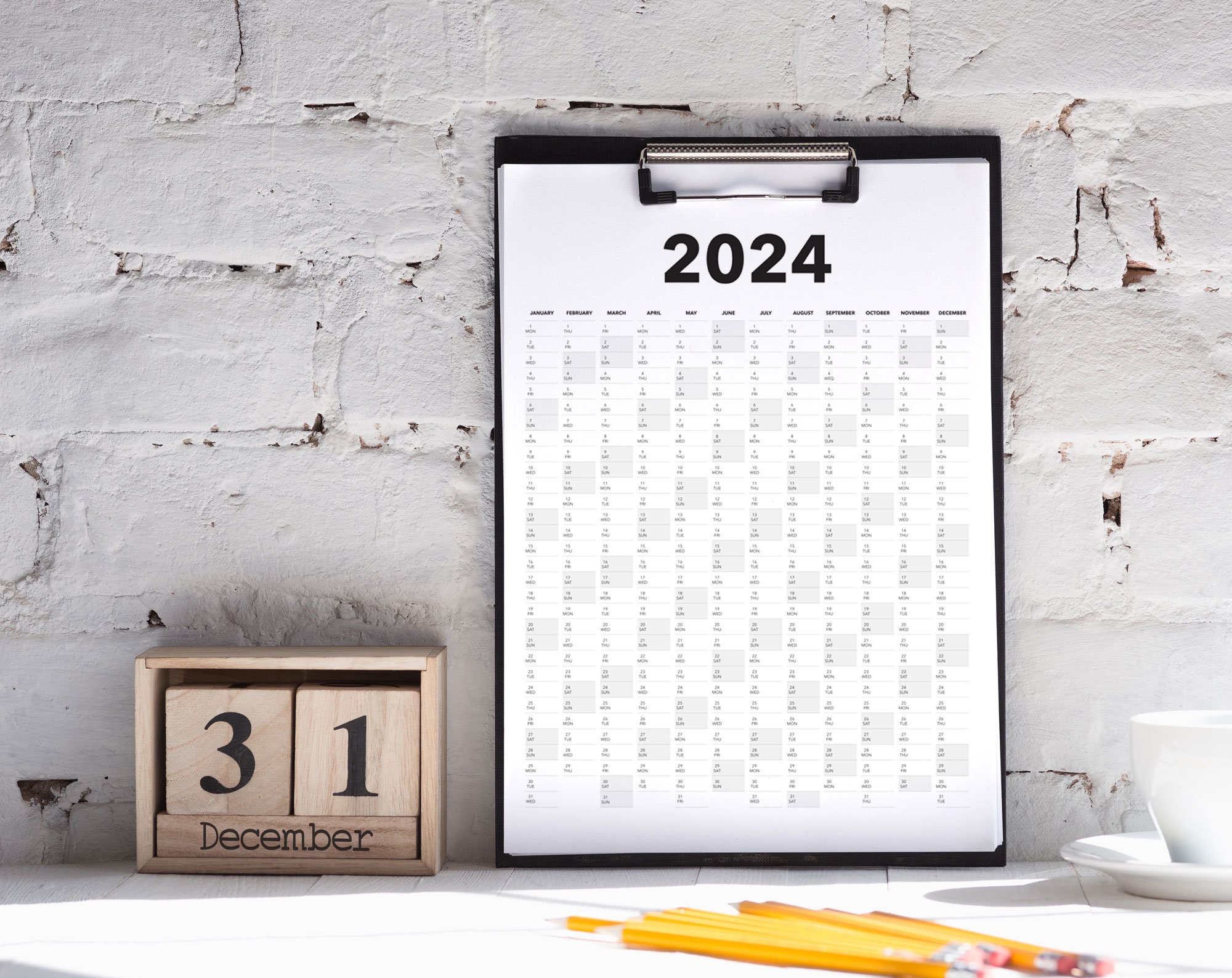 Calendario 2024 Vista anual vertical en blanco, Calendario de pared