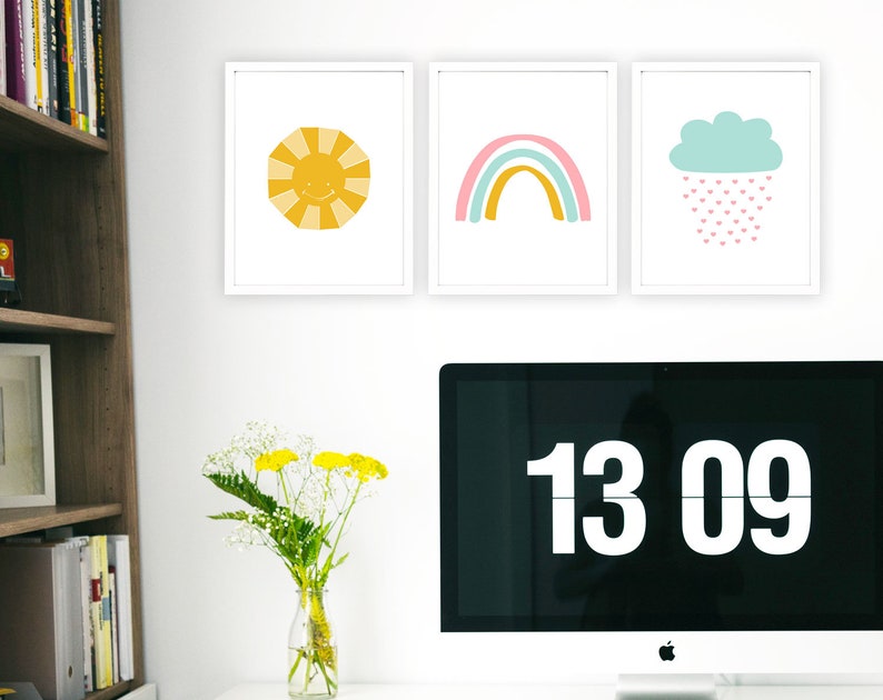 Nursery Wall Decor Set of 3 Prints With Sun Rainbow and Clouds Etsy