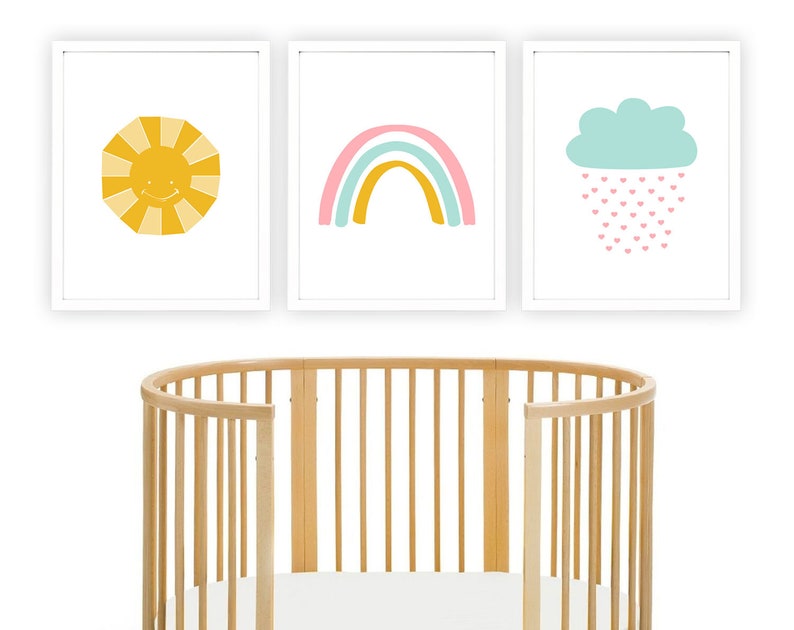 Nursery Wall Decor Set of 3 Prints With Sun Rainbow and Clouds Etsy