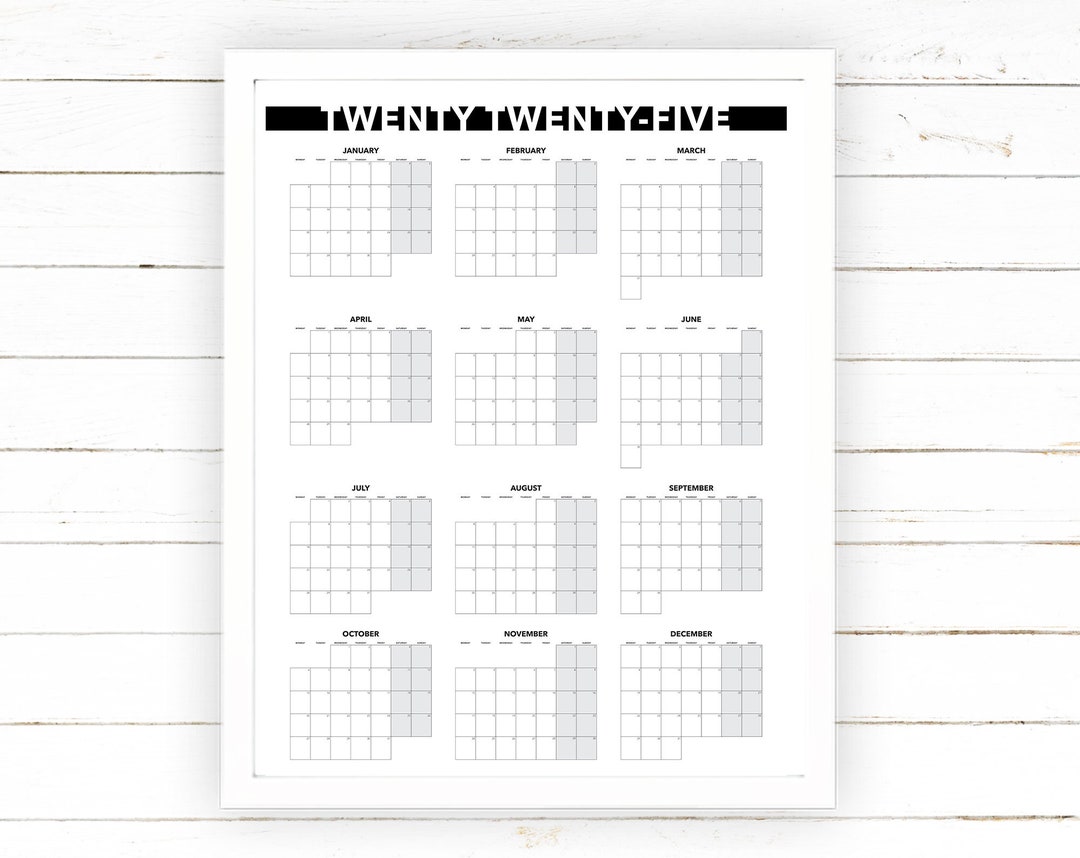 2025 Yearly Calendar Monthly View Printable Blank Dated Month by Month