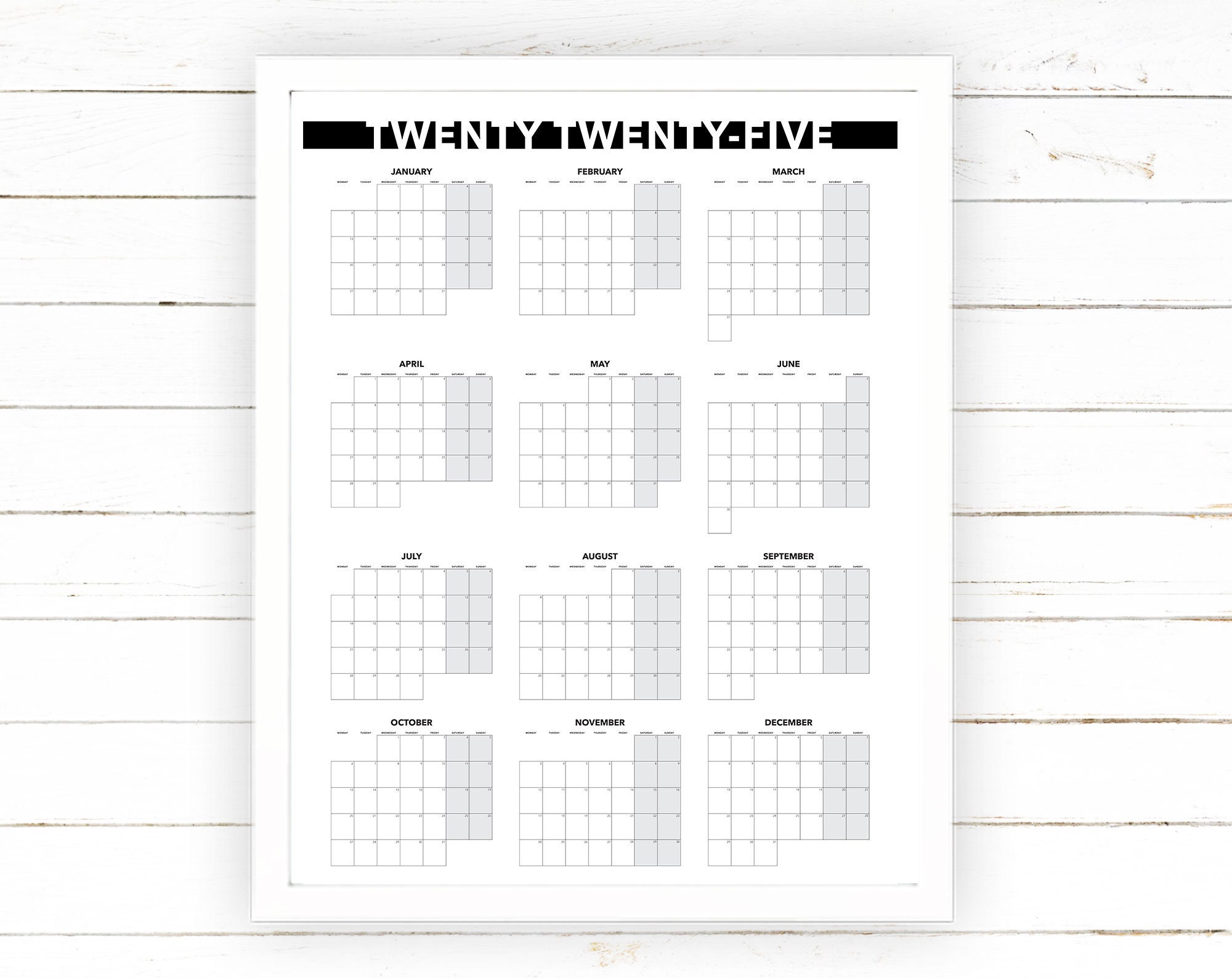 2025 Yearly Calendar Monthly View Printable Blank Dated Month by Month