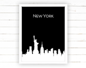 New York City Skyline Modern Art Printable Poster Black Minimalist Print